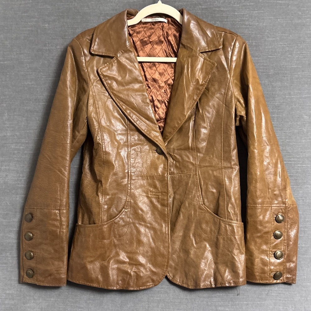 Vintage Xanaka‎ Leather Jacket Blazer 36 Brown 70s 90s Disco Retro France